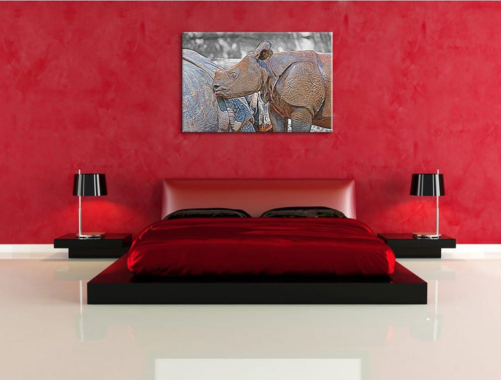 junges Nashorn schwarz/weiss Deluxe Format: 100x70 cm auf Leinwand, XXL riesige Bilder fertig gerahm