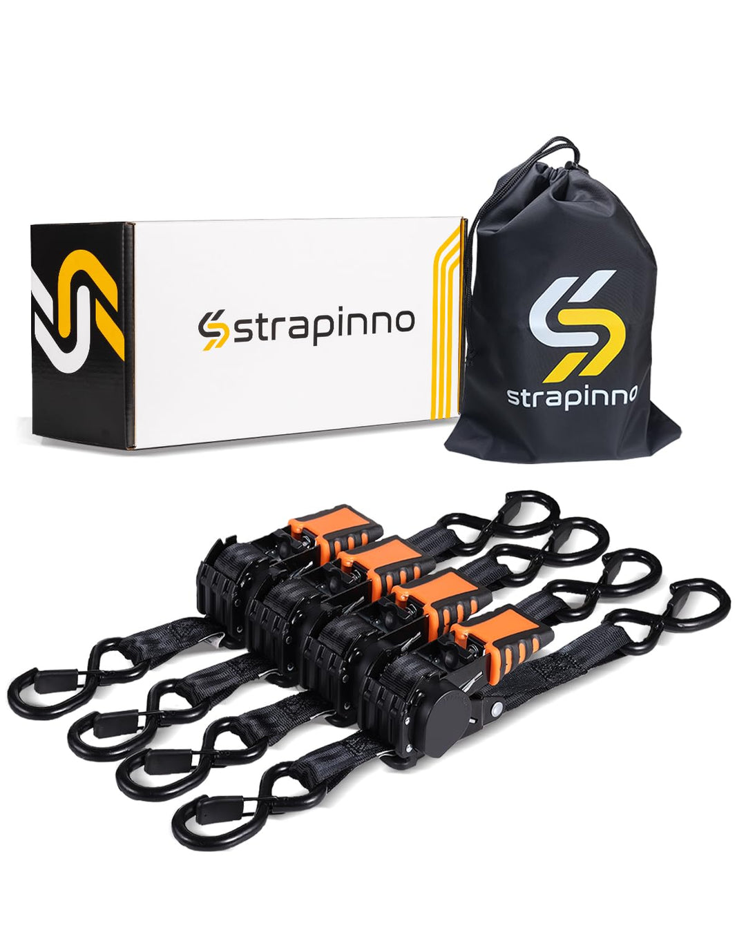 Strapinno 4 Stück einziehbare Ratschengurte, 2,5 cm x 1,8 m, sichere Spanngurte mit gummierten Stahl