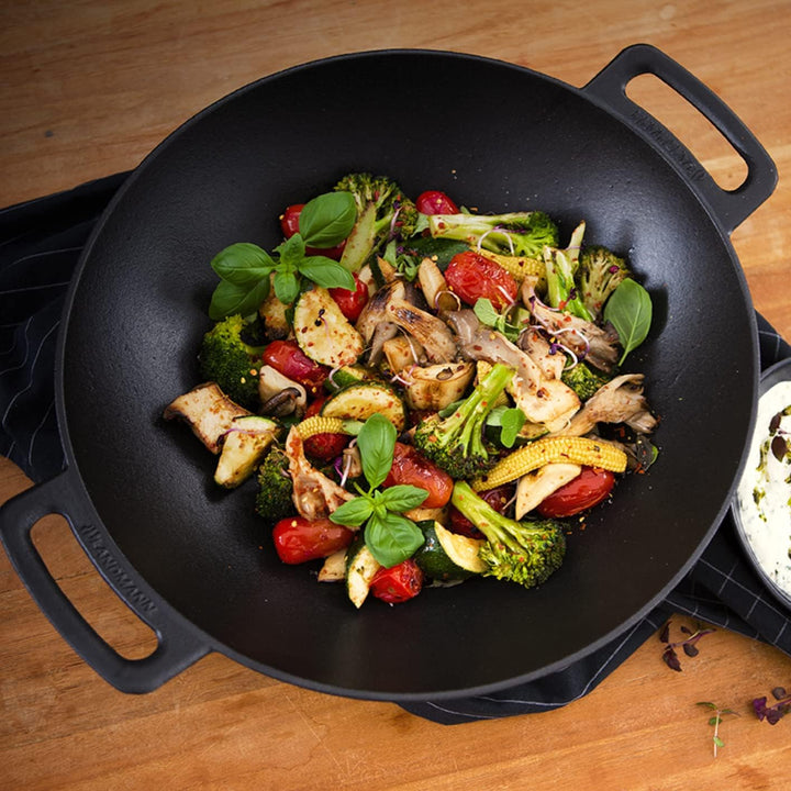 LANDMANN Grillwok | Hochwertiger Wok aus emailliertem Gusseisen (Ø 36 cm) | Optimale Hitzeverteilung