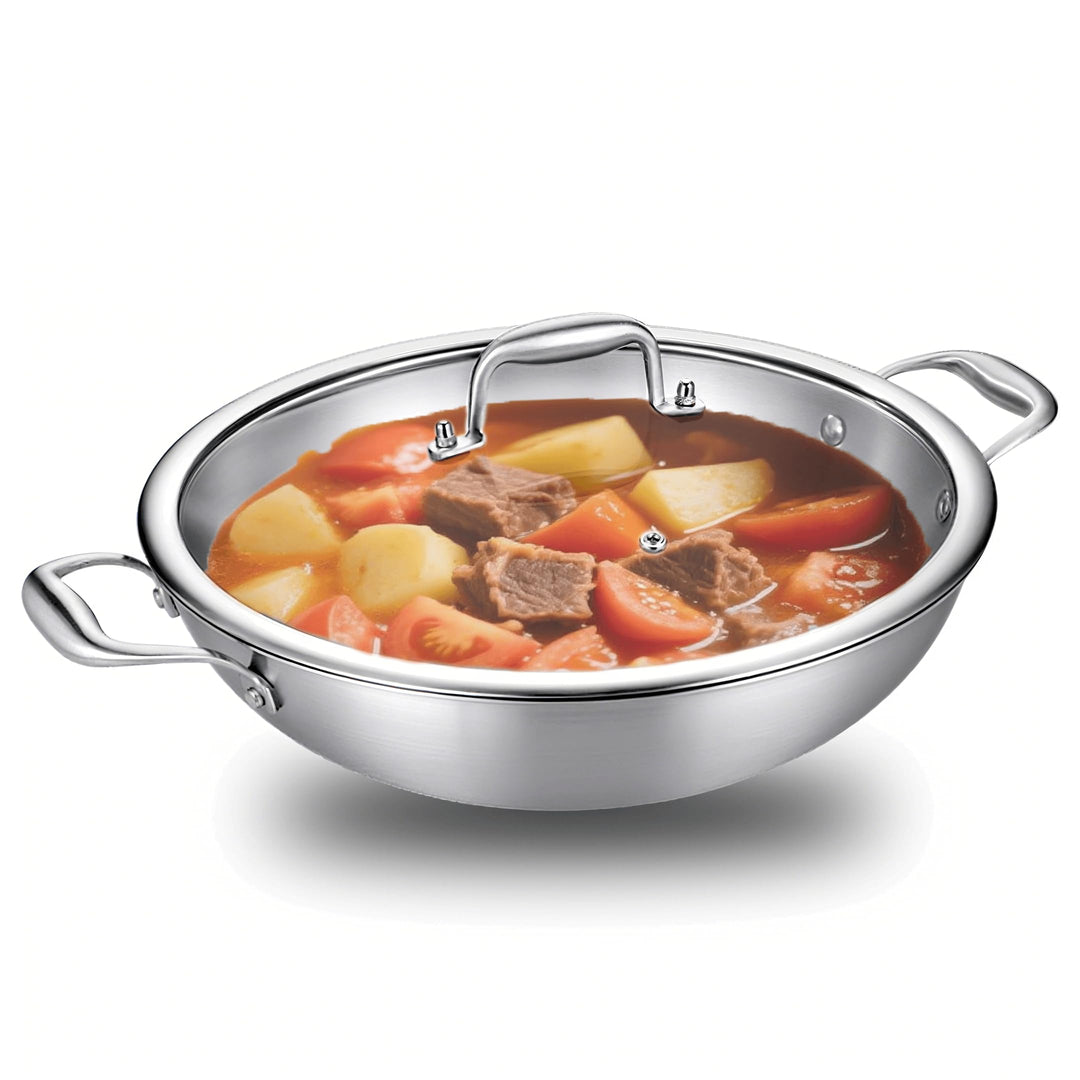 Edelstahl Pfanne 30m,3-Schicht Edelstahlpfanne,Wokpfanne mit Deckel,Induktions Servierpfannen,Gasher