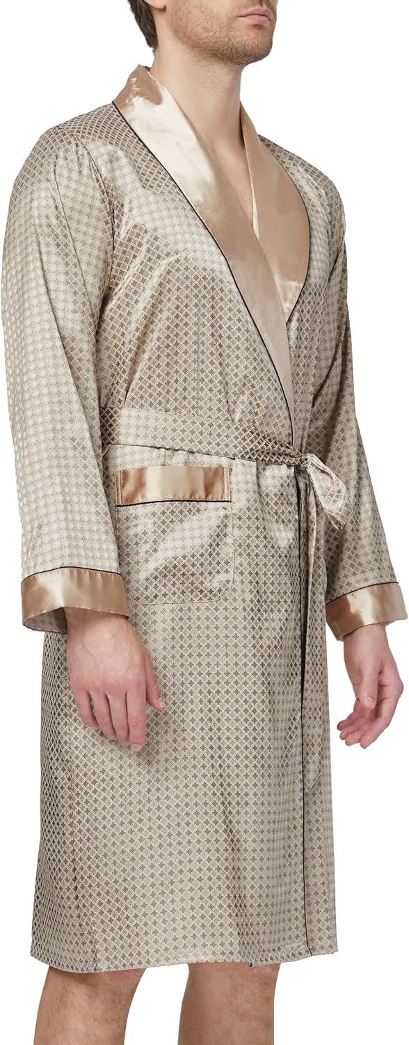 Herren Satin Bademantel, Leichter Seiden Langarm Bademantel mit Shorts Set, Spa Kimono Nachtwäsche M