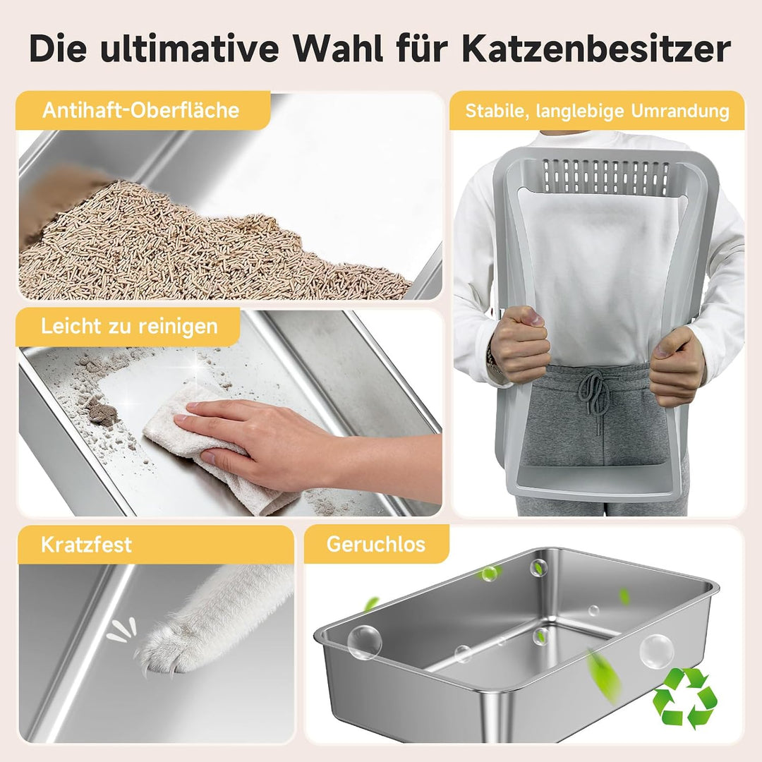 Edelstahl Katzentoilette XL, Schrägwand, Kratzfest, geruchsfrei | Porenfrei, leicht reinigbar. Schrä