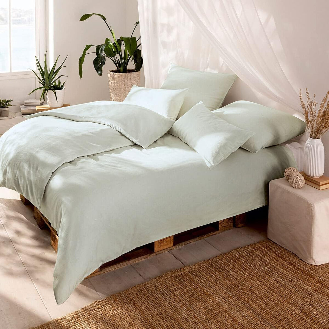 ESTELLA Halbleinen Bettwäsche Alvaro Mint, 1 Bettbezug 155 x 220 cm + je 1 Kissenbezug 80 x 80 cm +