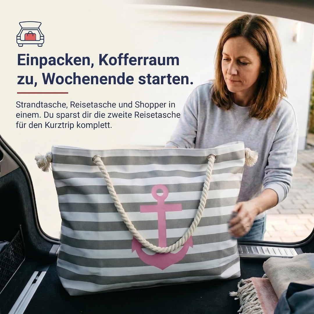 Sonia Originelli XXL Familienshopper Strandtasche Weekender maritim gestreift mit Anker Aufdruck Far