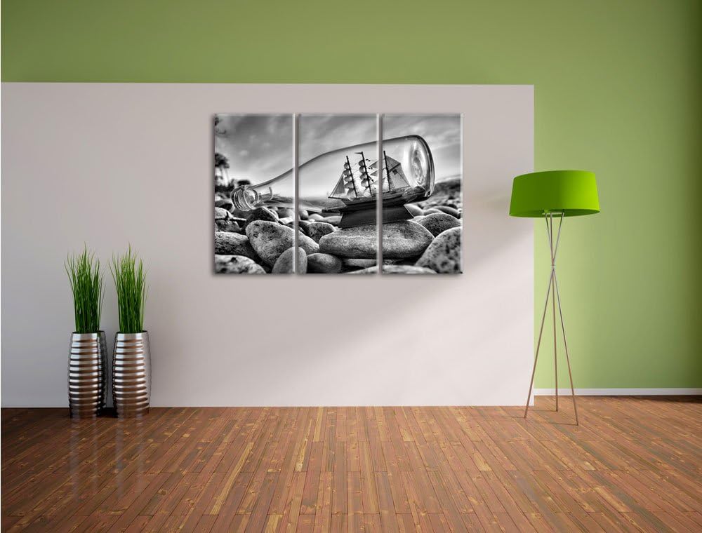 Pixxprint Flasche mit Schiff als Leinwandbild/Grösse: 3 Teilig (120x80) cm/Wandbild/Kunstdruck/ferti