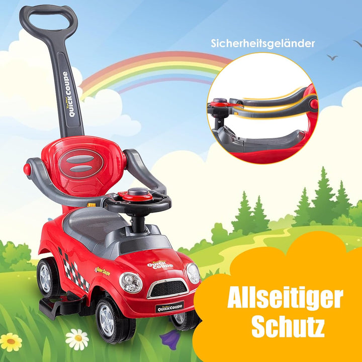 DREAMADE Rutschauto mit Schiebestange, Rutschfahrzeug mit abnehmbarem Sicherheitsbügel & Fussstützen