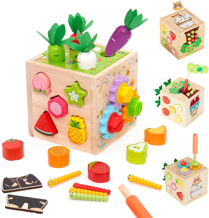 5 in 1Montessori Motorikwürfel,Activity Cube,Steckwürfel enthalten Formen zuordnen, Karotten ernten,