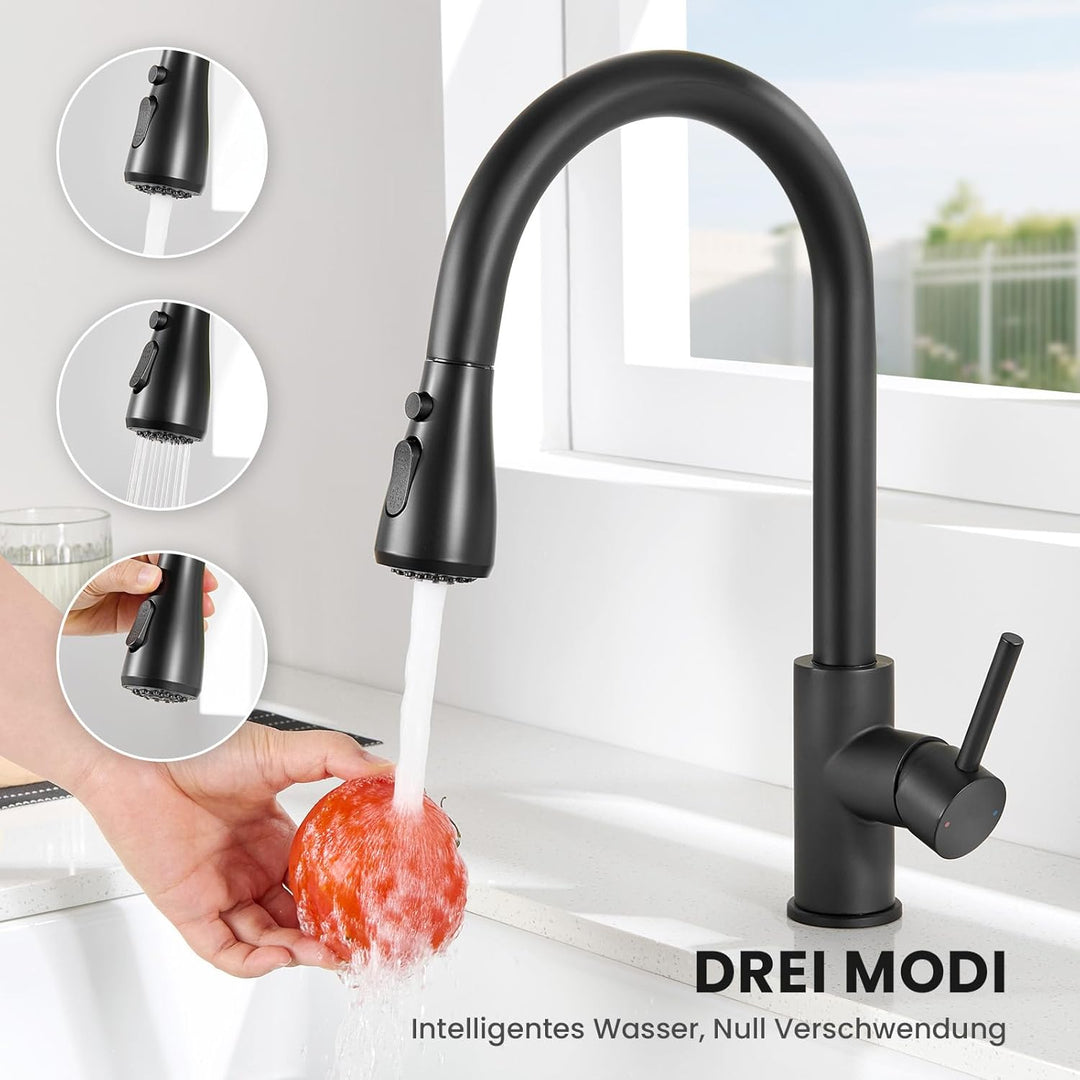Wasserhahn küche mit Ausziehbar Hochdruck fur Spüle - Küchenarmatur Schwarz mit Brause - Edelstahl A