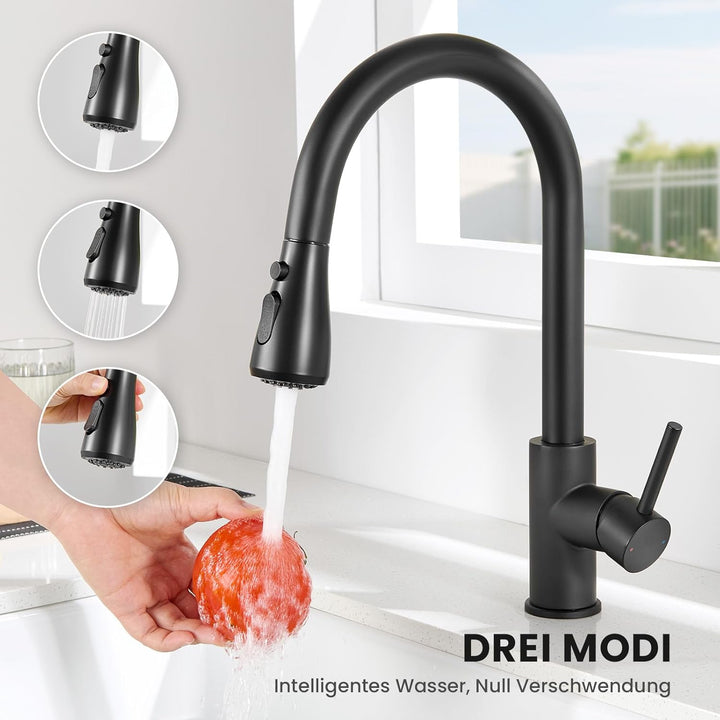 Wasserhahn küche mit Ausziehbar Hochdruck fur Spüle - Küchenarmatur Schwarz mit Brause - Edelstahl A