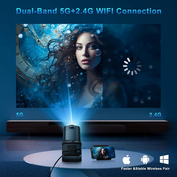 Mini Beamer 4K, Full HD 1080P Mini Projektor, WiFi 6 und Bluetooth 5.4 Auto Vertikale Trapezkorrektu