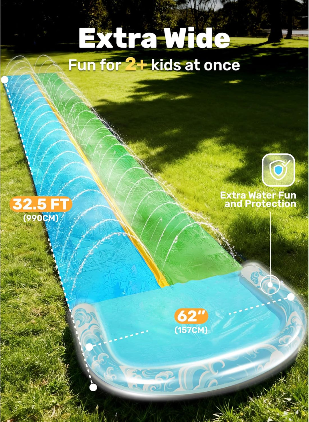 JOYIN 32,5ft/990.6cm Wasserrutsche und 2 aufblasbare Boards, extra Lange Doppel-Garten-Wasserrutsche