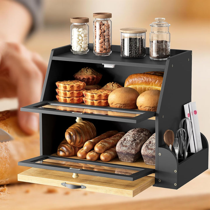 HOOBRO 2-stöckiger Brotkasten Bambus mit Schneidebrett und Besteckhalter, Brotbox mit Acryltüren, Br