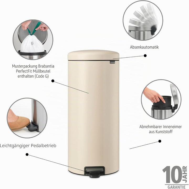 Brabantia - NewIcon Treteimer 30L - Grosse Abfalleimer für die Küche - Sanft Schliessender Deckel -