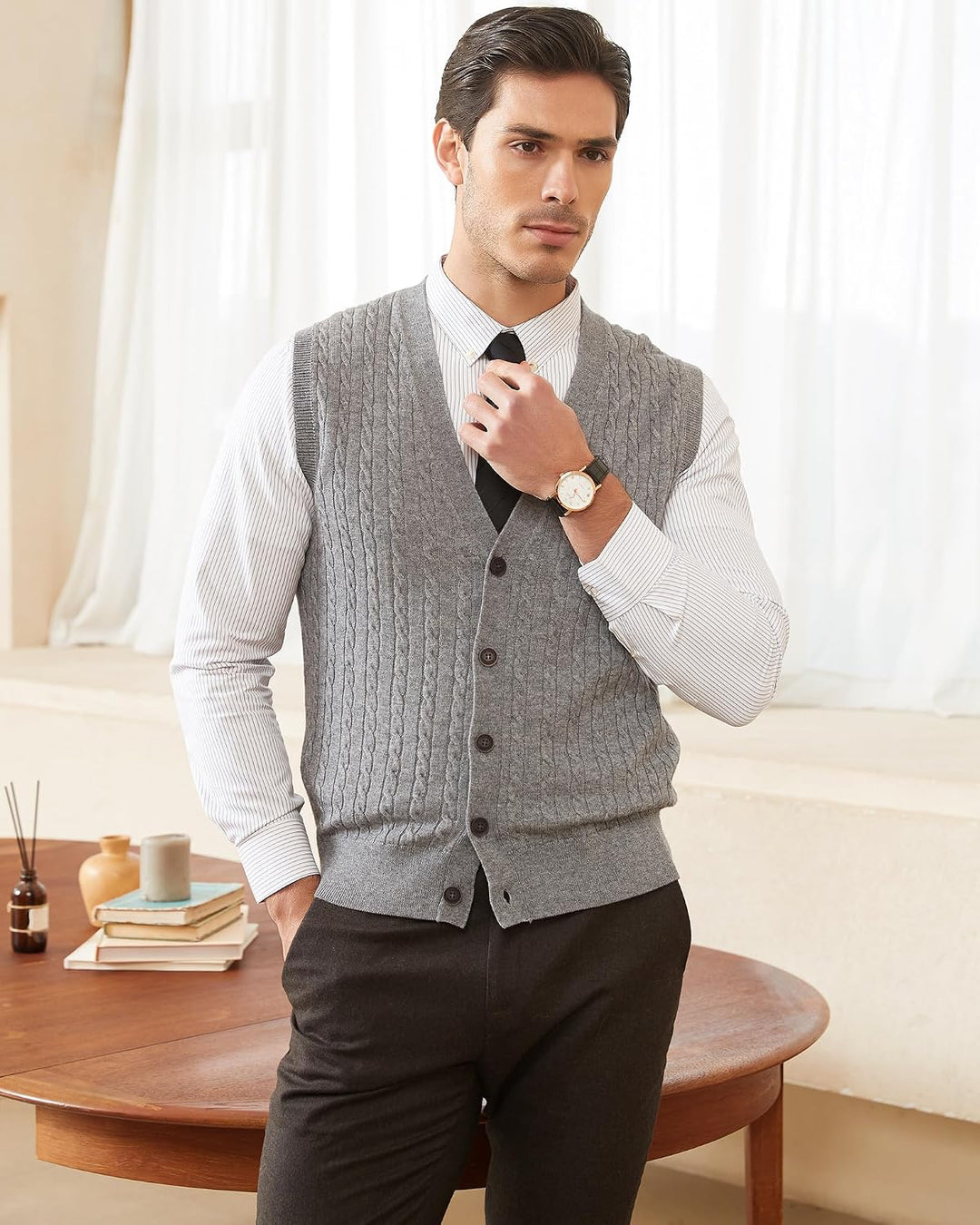 Kallspin Herren Strickweste Ärmellos Cardigan Wollmischung mit Zopfmuster und Knöpfen L Hellgrau, L