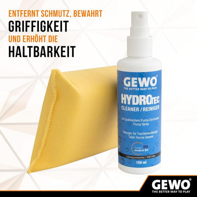 Gewo HydroTec Tischtennis Reinigungsset für Beläge, Grip Spray mit saugfähigem Reinigungsschwamm, Lö