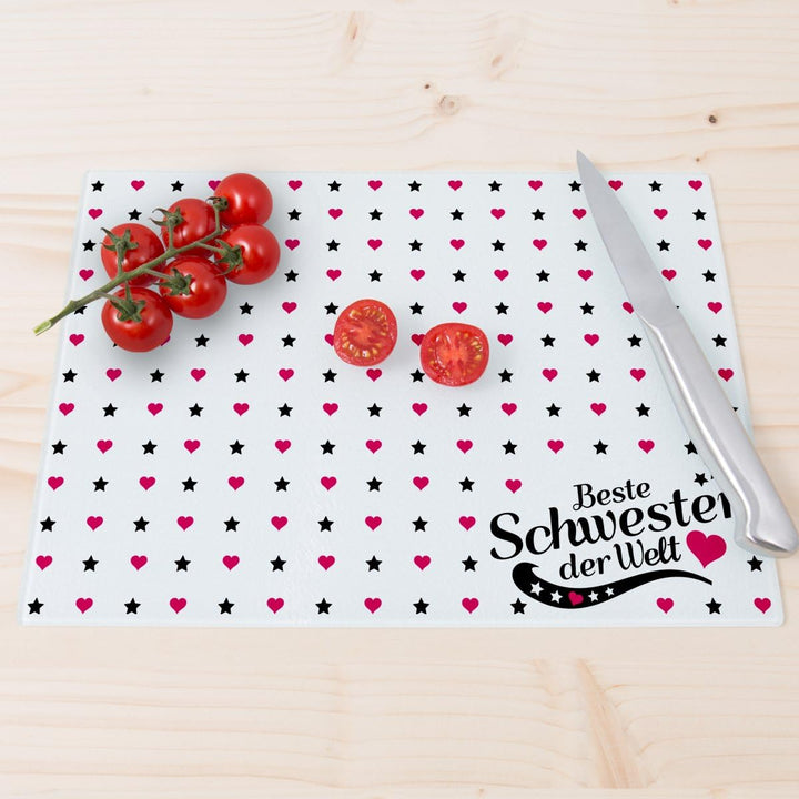 WANDKINGS Glasschneidebrett mit Schriftzug „Beste Schwester der Welt“ - Design wählbar - Glasschneid