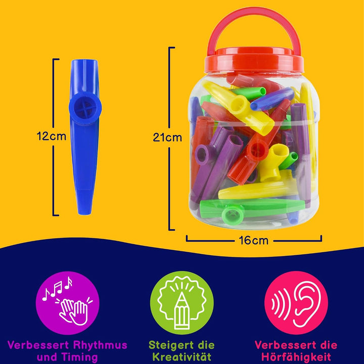 A-Star Kunststoff-Kazoos in mehreren Farben – Packung mit 40 Stück – in Kunststoffwanne mit Tragegri