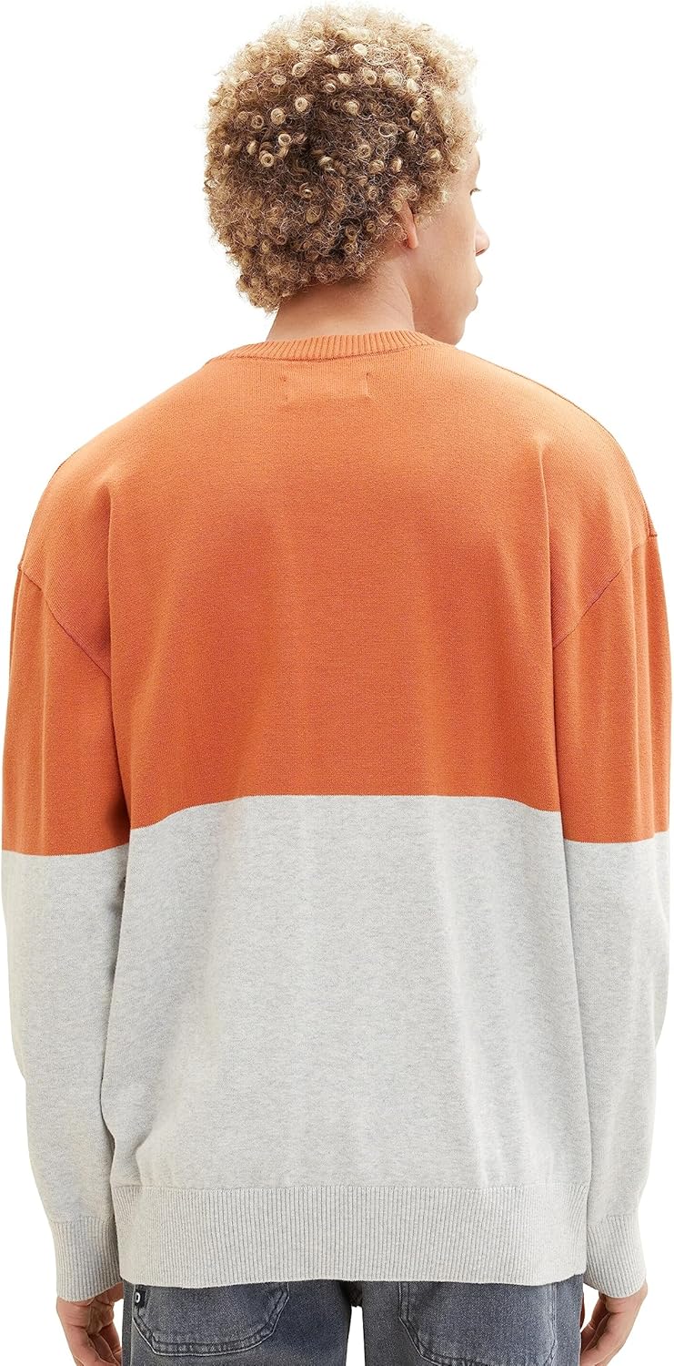 TOM TAILOR Denim Herren Denim Relaxed Fit Colorblock Pullover, 32754 - Rust Grey Color Block