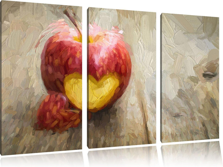 Pixxprint Herzschnitzerei in Apfel / 3-Teilig/Gesamtmass 120cm Leinwandbild bespannt auf Holzrahmen/
