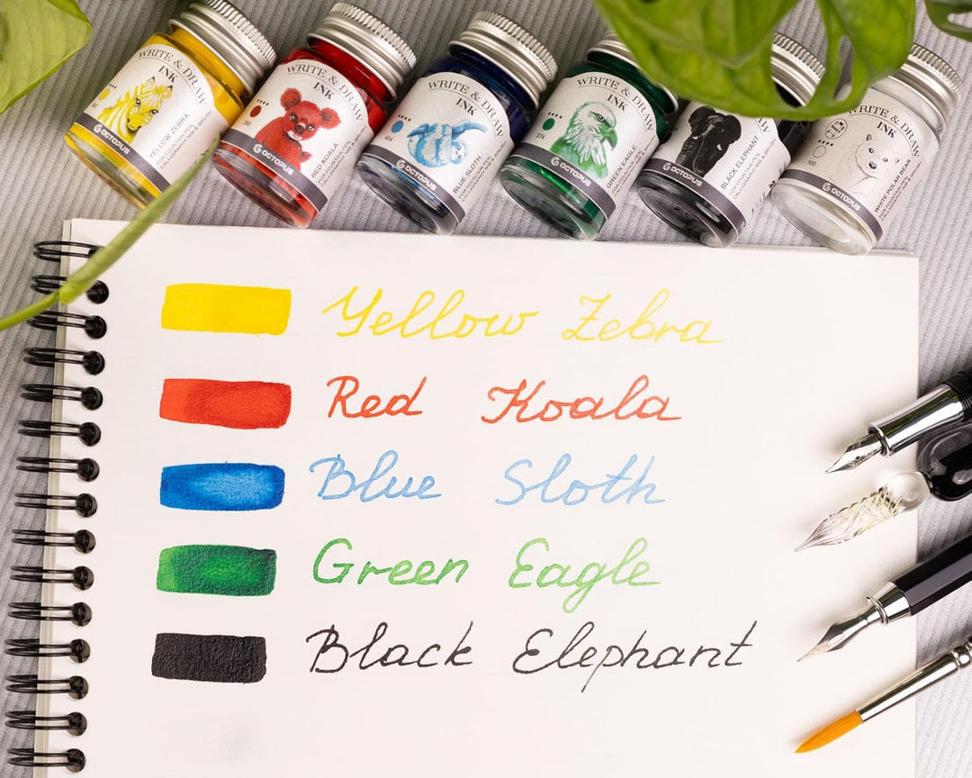 Octopus Write &amp; Draw Ink BASIC BRIGHT, 6x10 ml mit Zeichenfeder | Brillante wasserfeste Tinten mit H