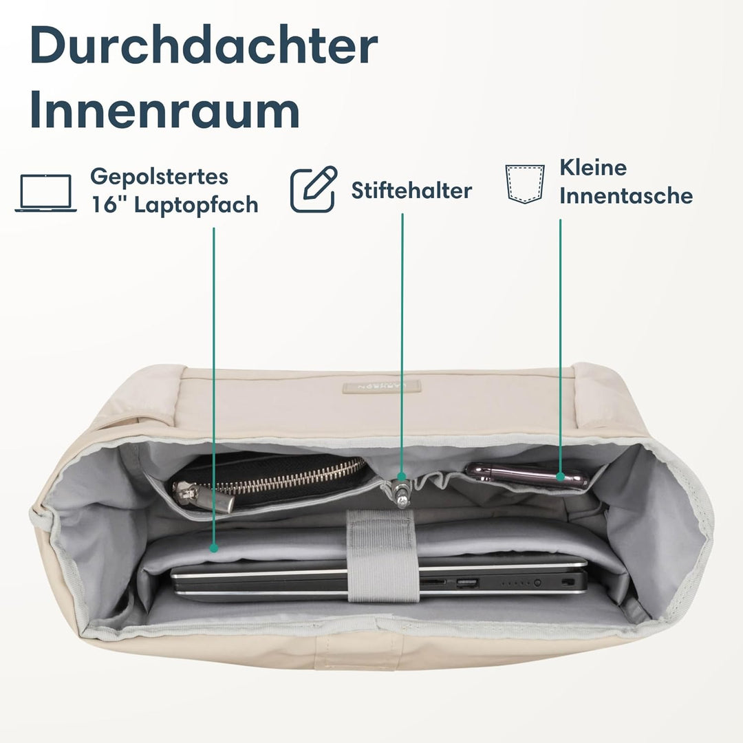 LARKSON Rolltop Rucksack Damen Gross Beige - No 2 - Daypack für Schule, Uni, Fahrrad - 16 Zoll Lapto