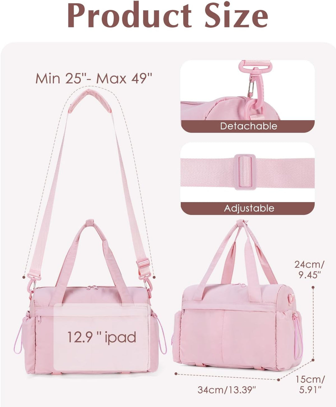 Sporttasche Damen Klein mit Nassfach Yogatasche für Matte, Rosa gesteppt | Yoga-Mattenhalter, verste