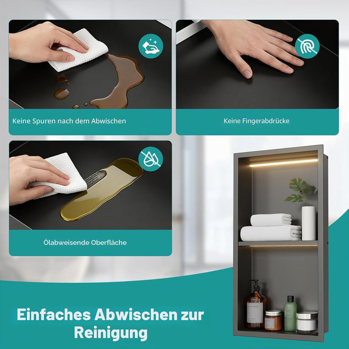 Zyncove Wandnische Dusche mit LED-Beleuchtung (4000K Warmweiss), 304 Edelstahl Duschnische mit Ablag