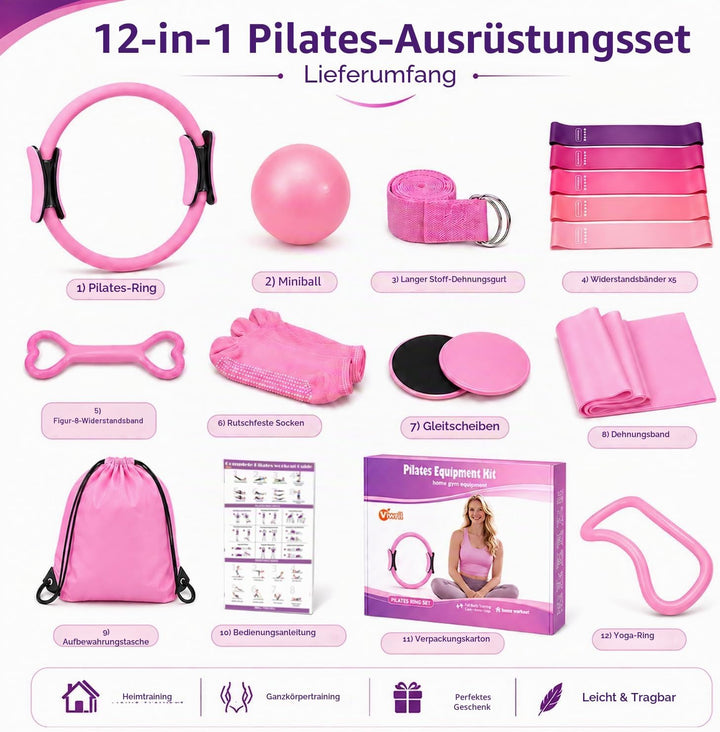 Pilates Ring Set, 12-in-1 Set für Damen mit Pilates Ball, Fitnessbändern, Widerstandsbändern, Gymnas