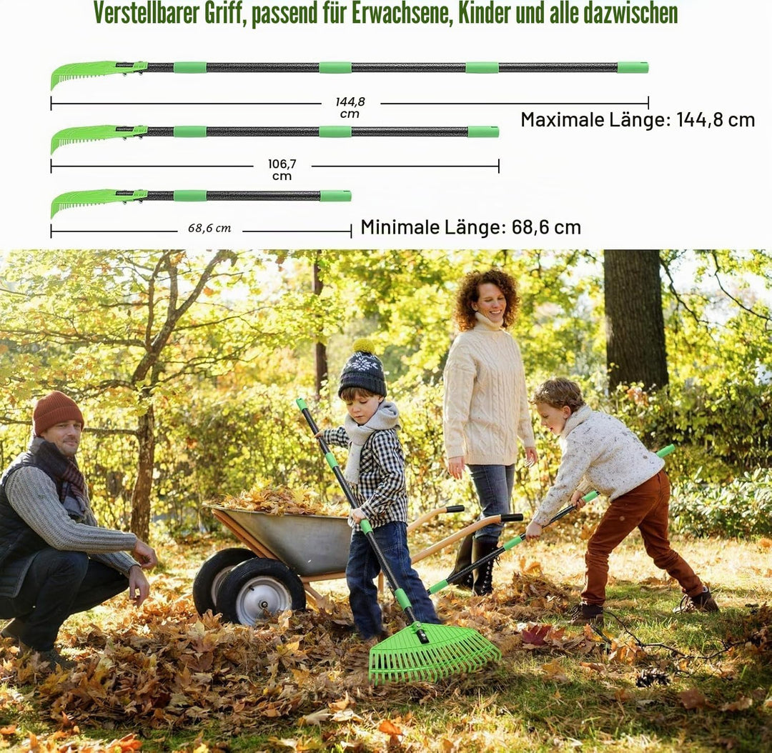 Laubrechen, 42cm breite Gartenharke für Hof Rasen, 106 cm Verstellbarer Langer Griff Garten Laubrech