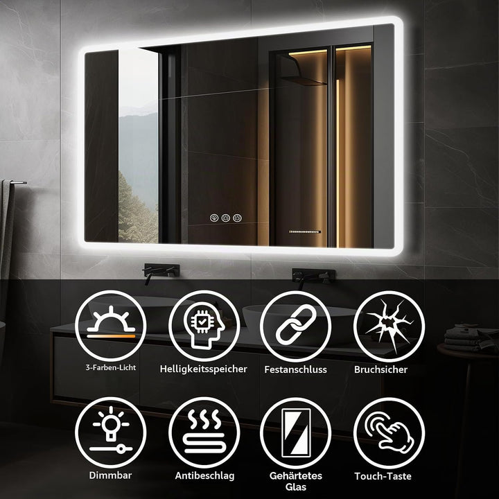 Badezimmerspiegel mit Beleuchtung LED, 70x100cm Spiegel mit Light, Wandspiegel mit Frontbeleuchtung,