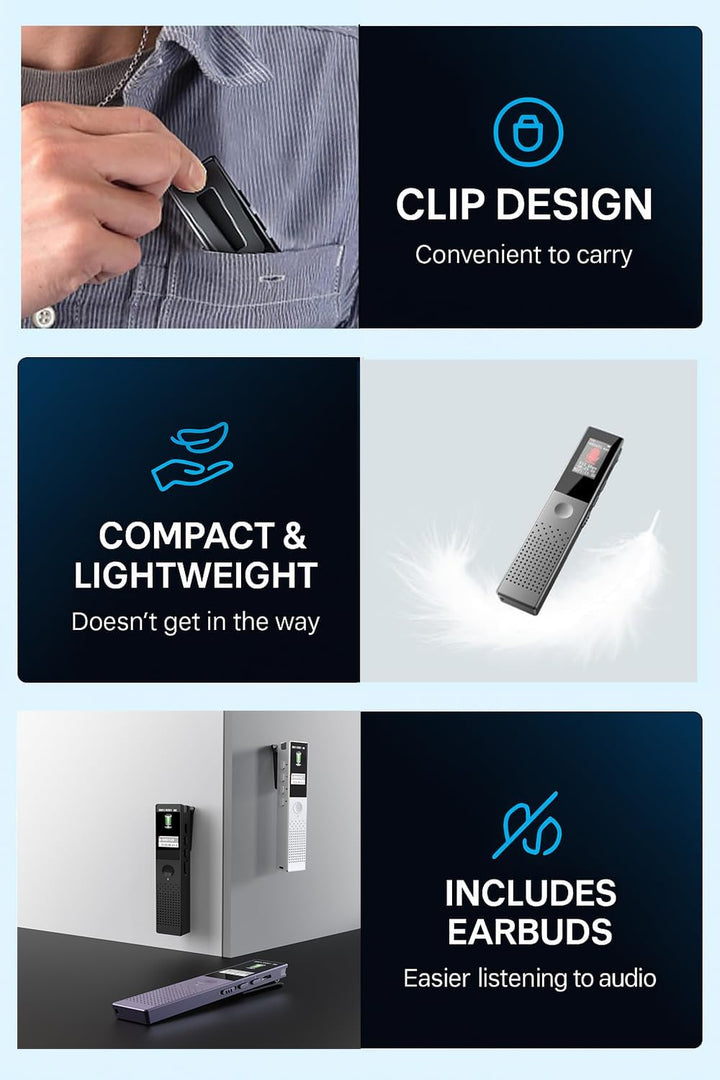 Digital Voice Recorder, Diktiergerät Aufnahmegerä mit Playback - 3072Kpbs One-Touch Audioaufnahmeger