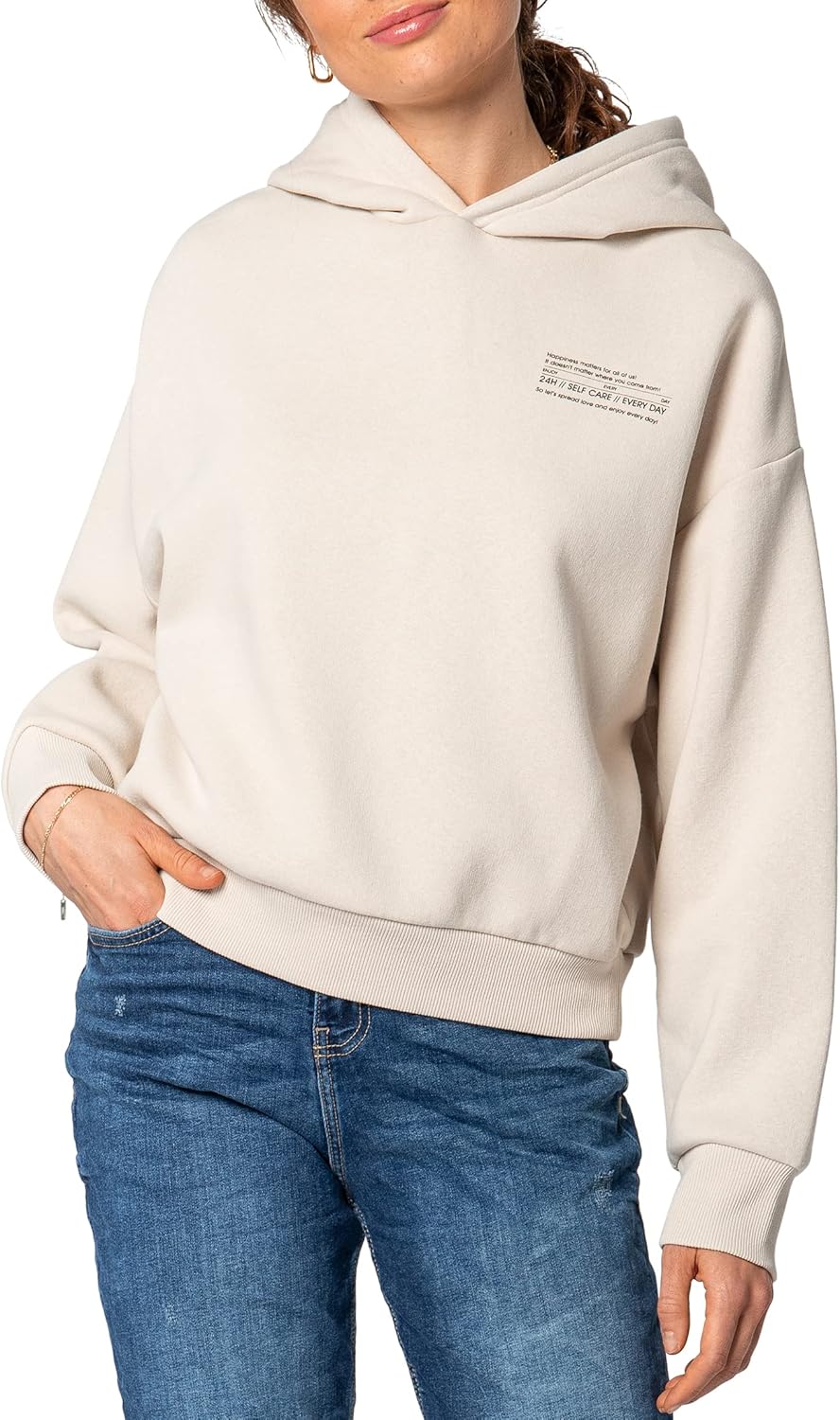Sublevel Damen Basic Pullover Hoodie mit Mini-Print L Light-beige, L Light-beige
