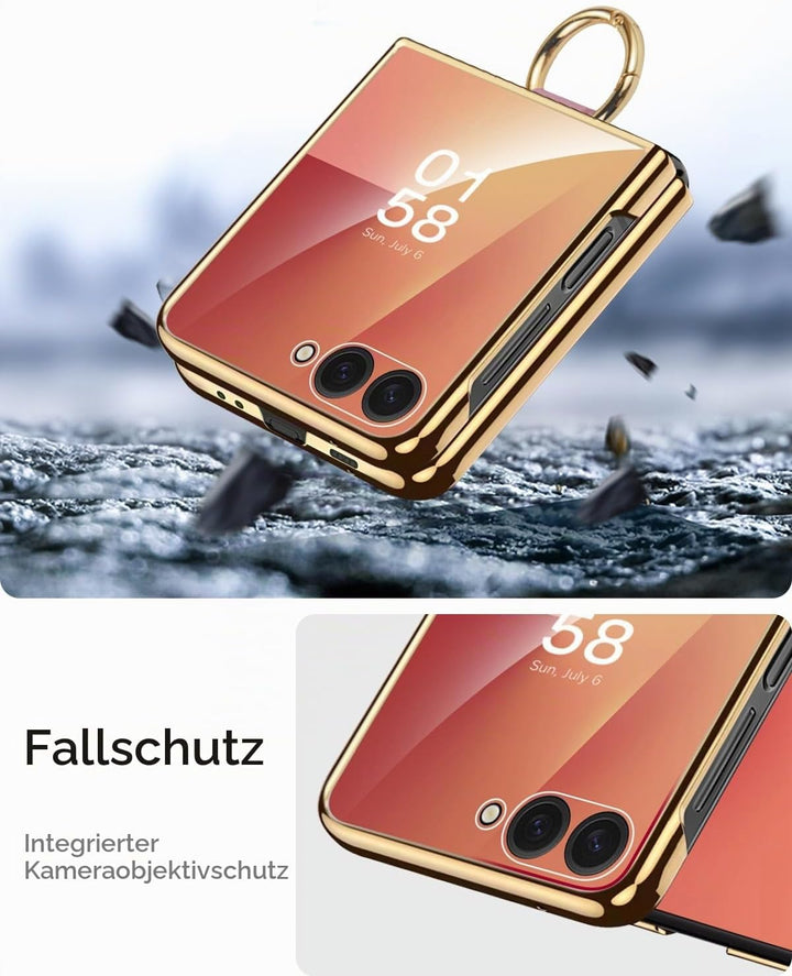 Miimall Lederhülle Kompatibel mit Samsung Galaxy Z Flip 7 Hülle mit Ring Ständer &amp; Kameraschutz [Lux