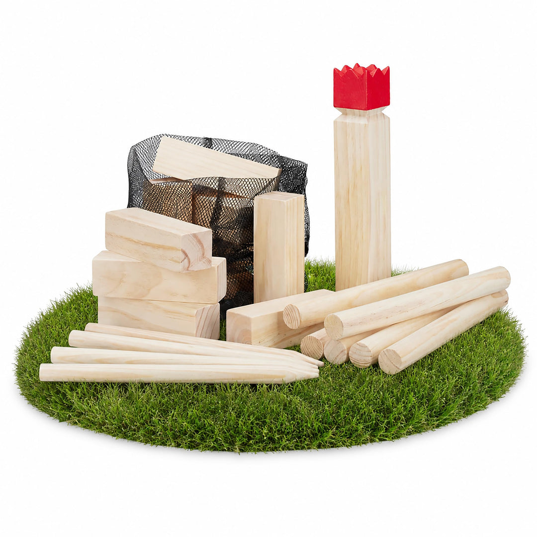 Relaxdays Wikinger Wurfspiel aus Kiefernholz, Natur Kubb Wikingerspiel, roter König, gross, Gartensp