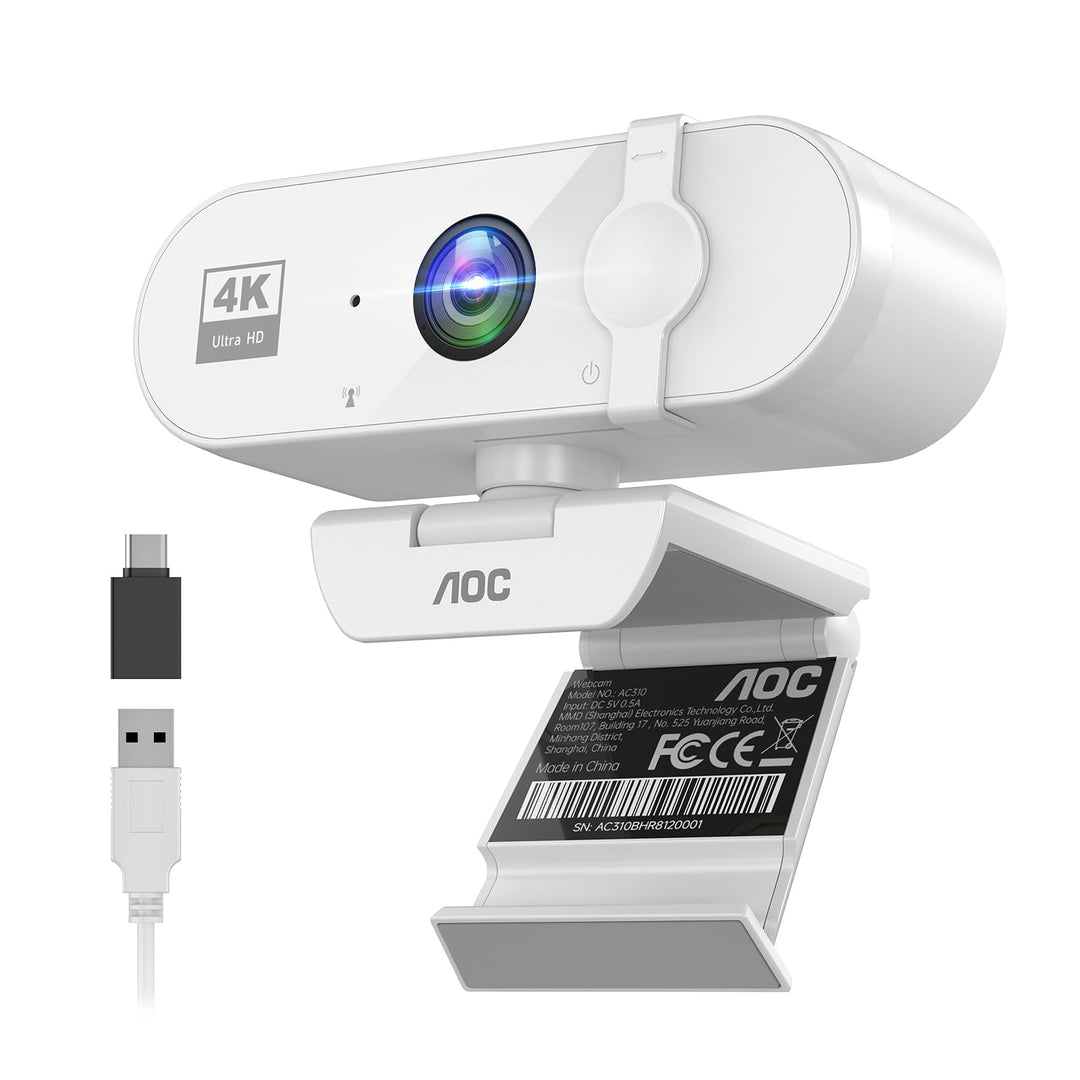 AOC 4K Webcam mit Mikrofon, Autofokus, Automatische Lichtkorrektur, 99° Ansicht, Objektivabdeckung,