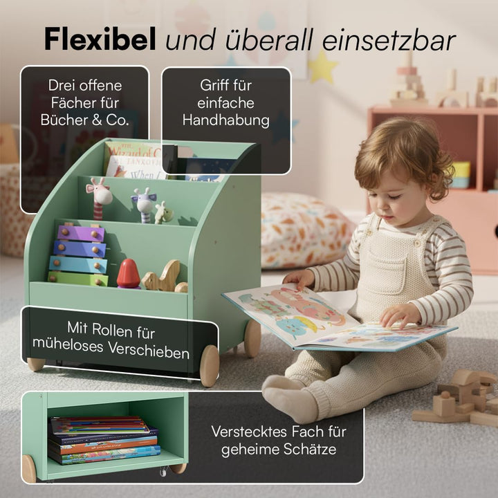 Bellabino Towy Kinderregal – Kinder Bücherregal mit 3 Fächern – Montessori Regal Mintgrün - Aufbewah