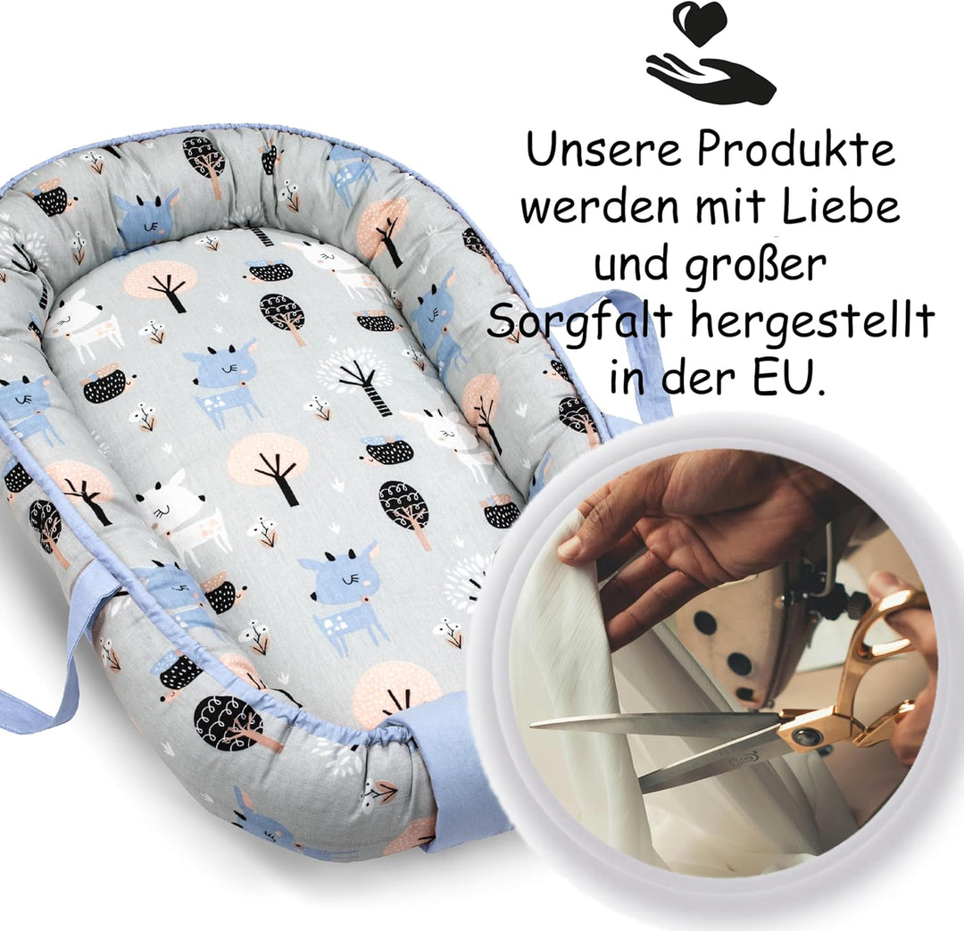 PinkZebra Tragetasche,2 in 1 Tragetasche, Tragenest Kokon aus Baumwolle, Bambi Blau, Bambi Blau