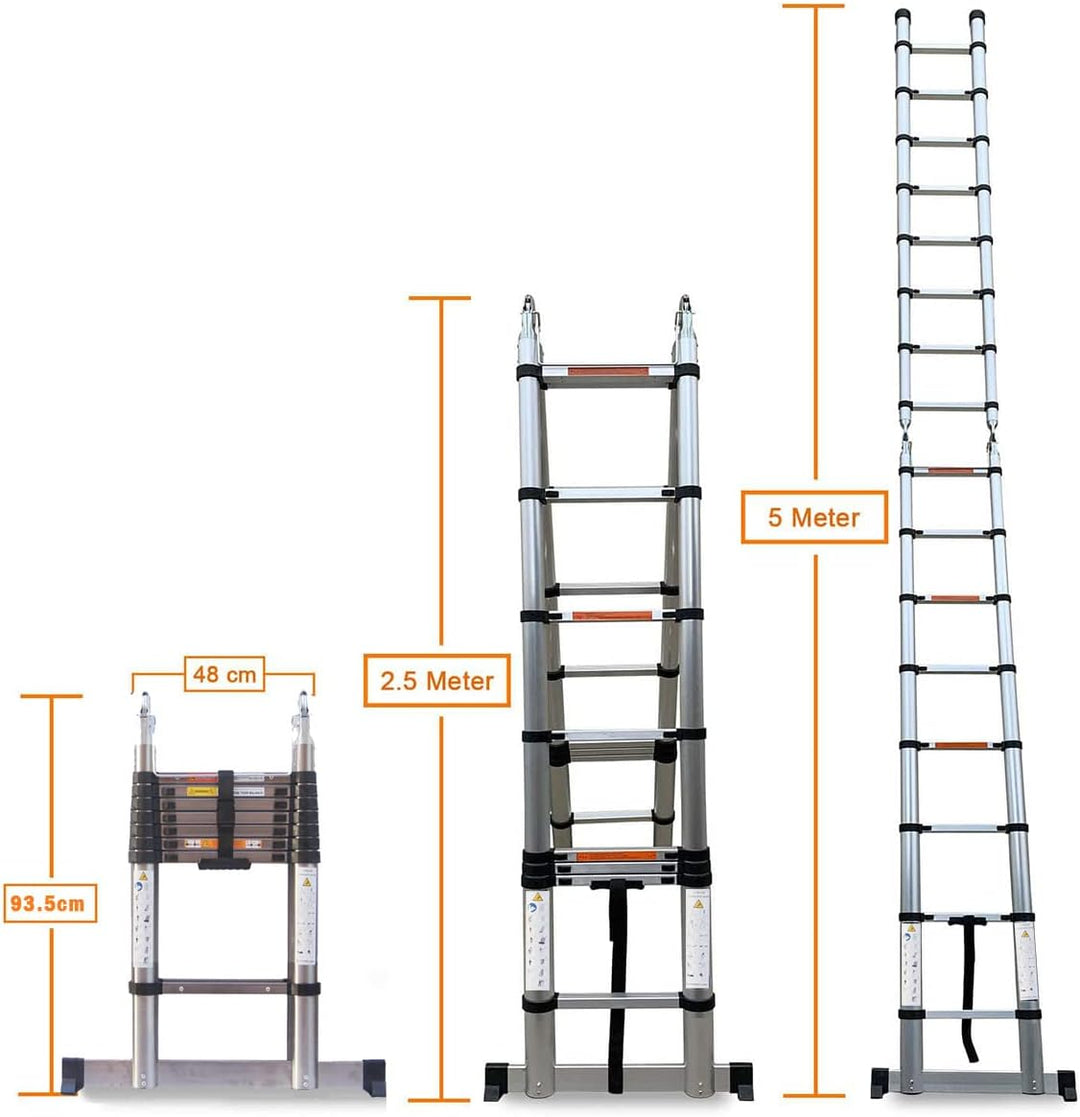 Teleskopleiter 5m Klappleiter Edelstahl Leiter, 2 in 1 Angegeleiter mit Stabilisator, Rutschfester S