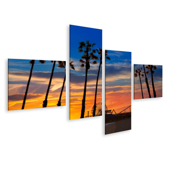 islandburner Bild auf Leinwand Santa Monica Kalifornien Sonnenuntergang Pier Fähren Rad Reflexion St