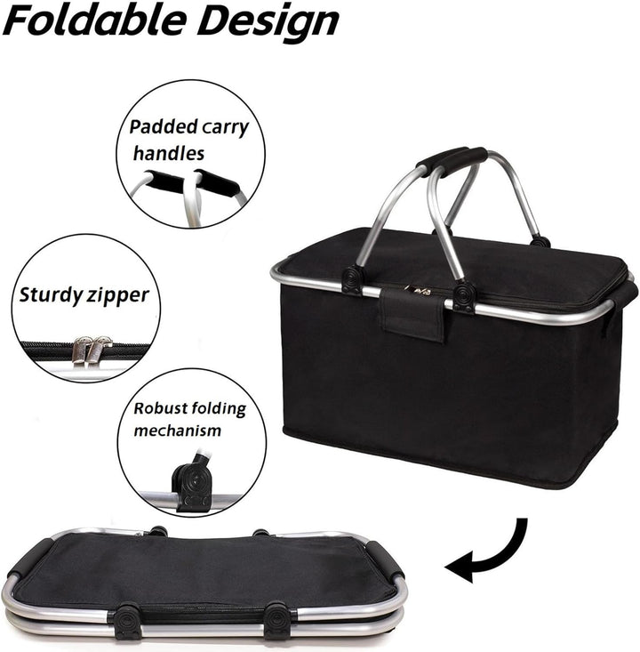 Einkaufskorb Faltbar mit Kühlfunktion Kühltasche Thermokorb mit Deckel Picknickkorb mit Aluminiumrah