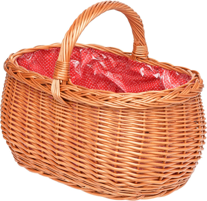 Kleiner Einkaufskorb/Autokorb aus Weide mit Henkel und Stoffeinlege Rot mit Punkten und Schutzfolie