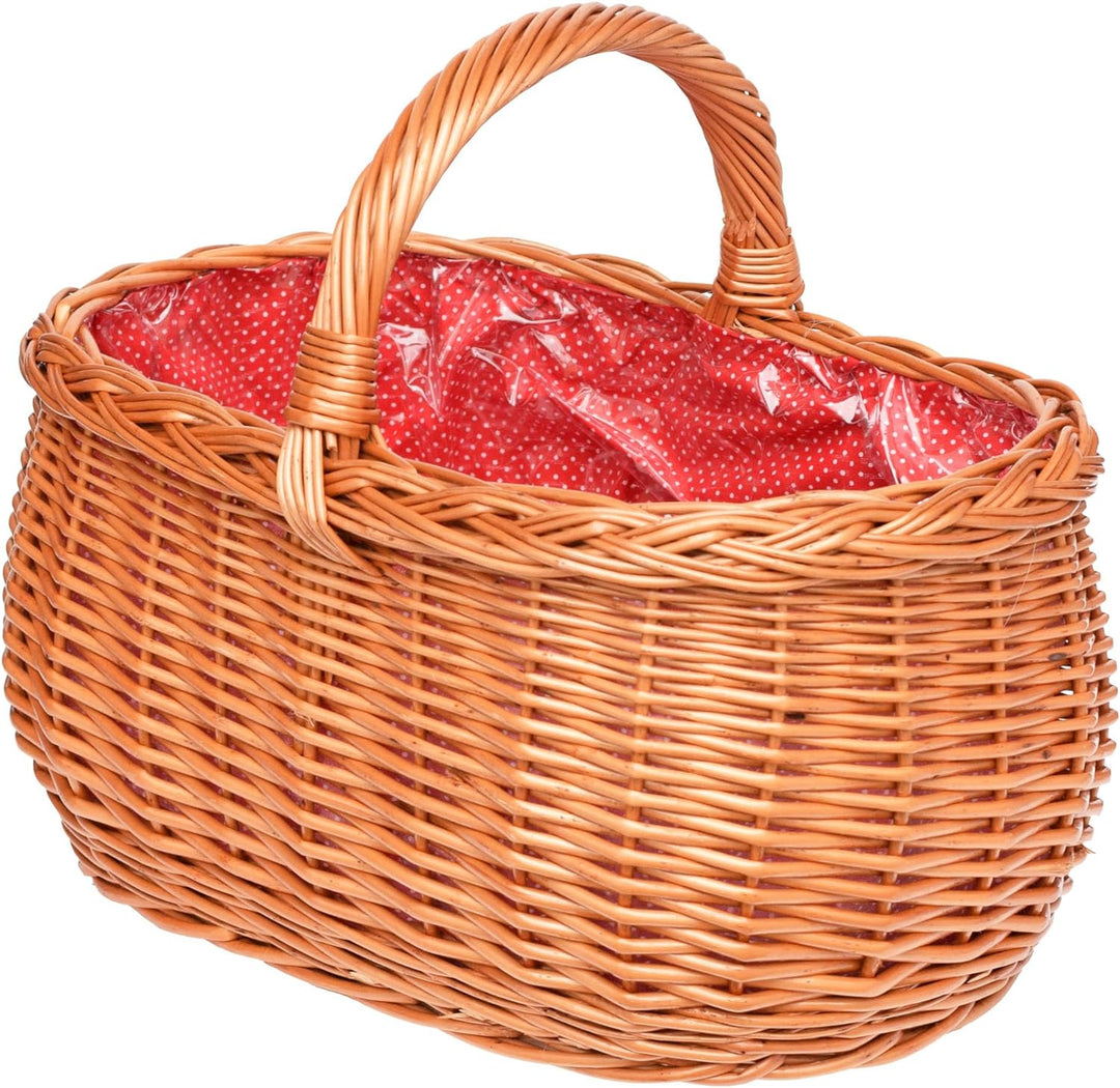 Kleiner Einkaufskorb/Autokorb aus Weide mit Henkel und Stoffeinlege Rot mit Punkten und Schutzfolie