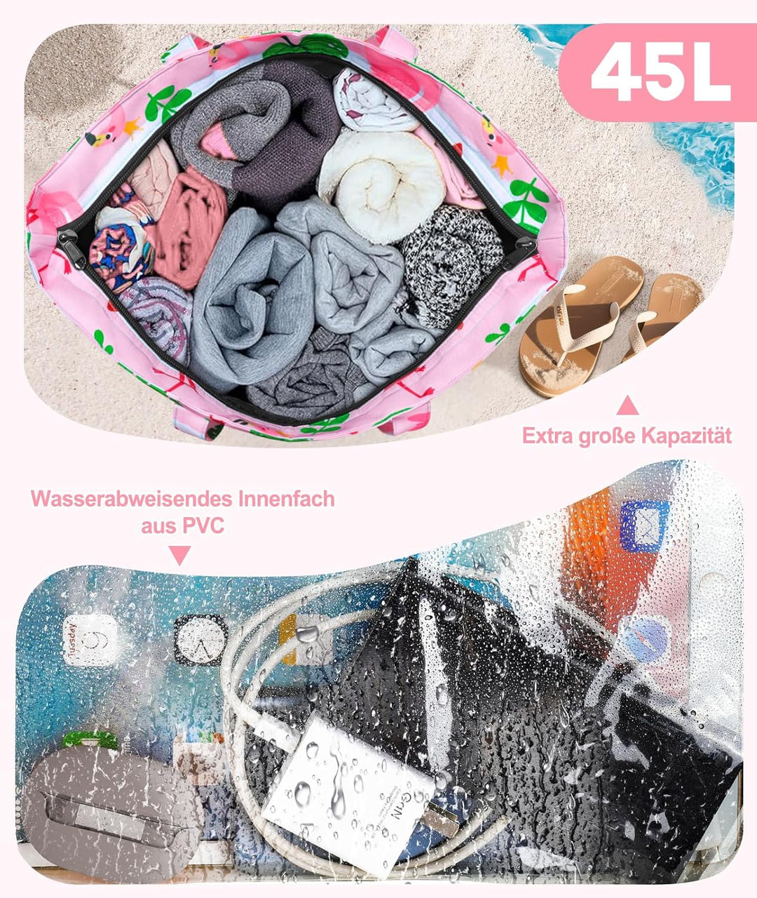 ISEYOU Strandtasche XXL Familie, Gross Strandtasche mit Reissverschluss Wasserdicht Sanddicht, Handt