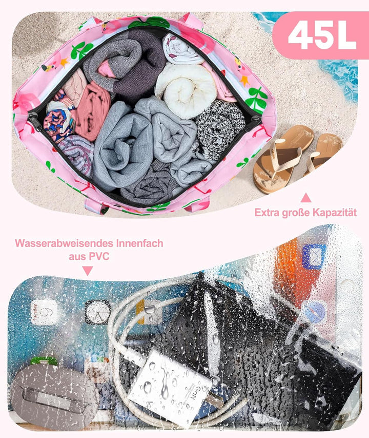 ISEYOU Strandtasche XXL Familie, Gross Strandtasche mit Reissverschluss Wasserdicht Sanddicht, Handt