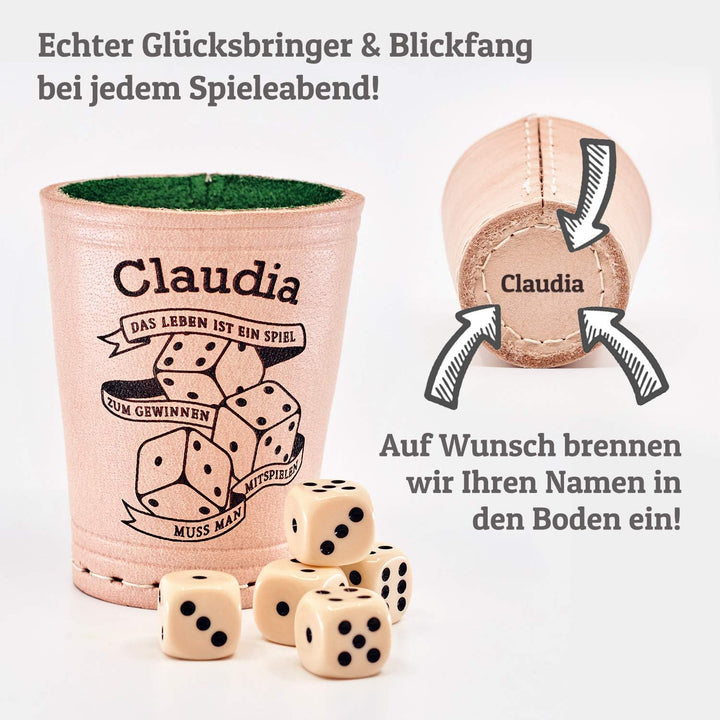 Diamandi Leder Würfelbecher mit Gravur - Personalisierung von Name + Motiv zur Auswahl inkl. 6 Würfe