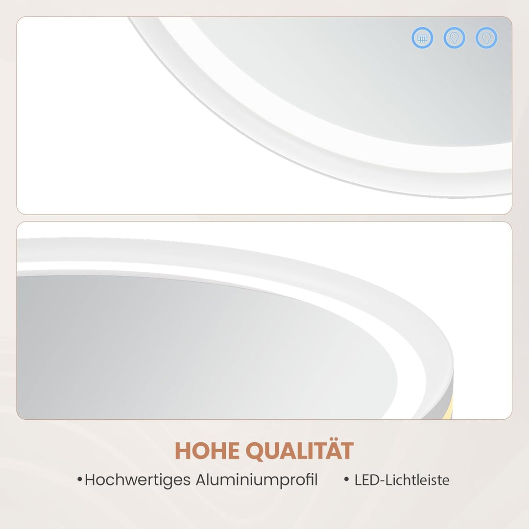 AQUABATOS Badspiegel mit Beleuchtung Rund 60 cm Aluminiumrahmen Schrägdesign weiss matt direkte und