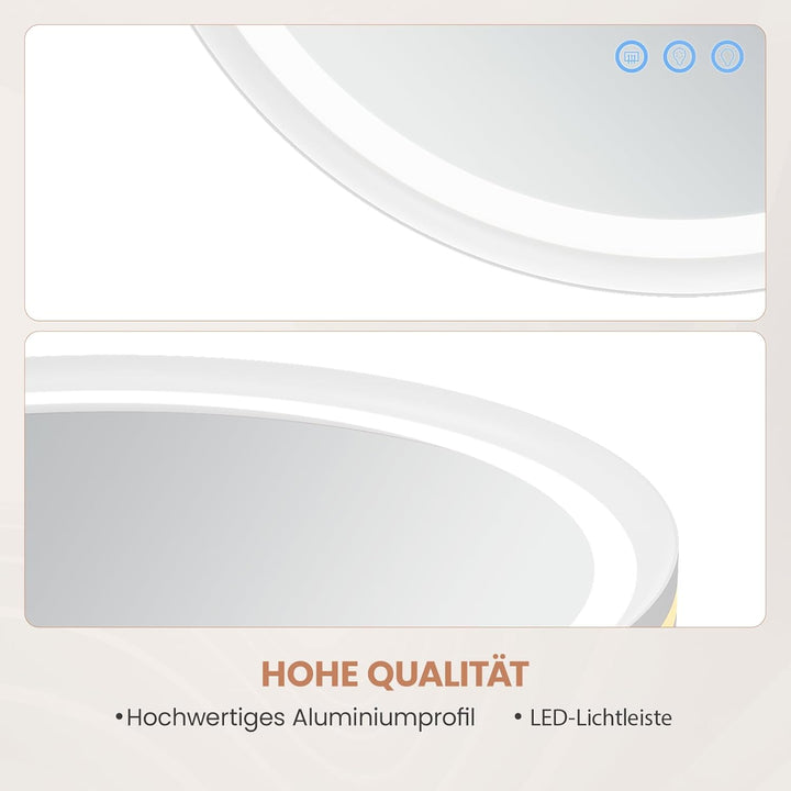 AQUABATOS Badspiegel mit Beleuchtung Rund 60 cm Aluminiumrahmen Schrägdesign weiss matt direkte und