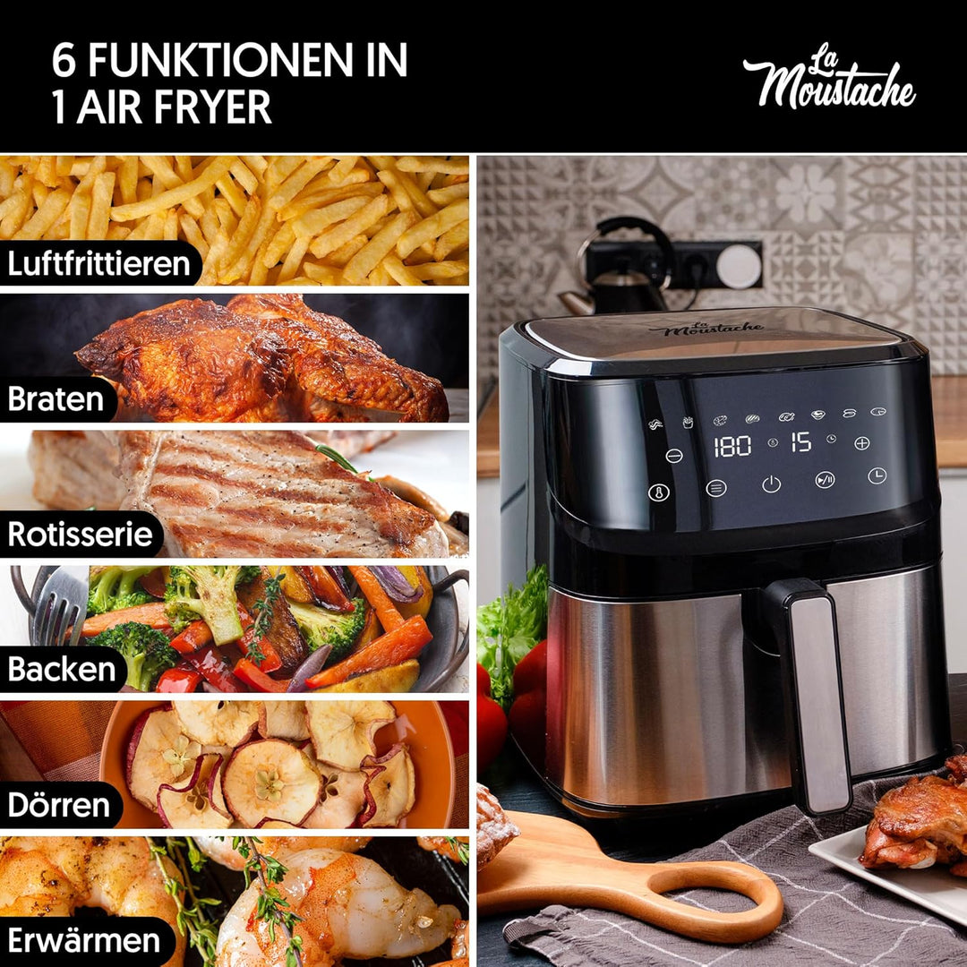 La Moustache - Heissluftfritteuse 6,5 L, Ölfreie Fritteuse 1700 W, 8 Programmen, Air Fryer Digitale