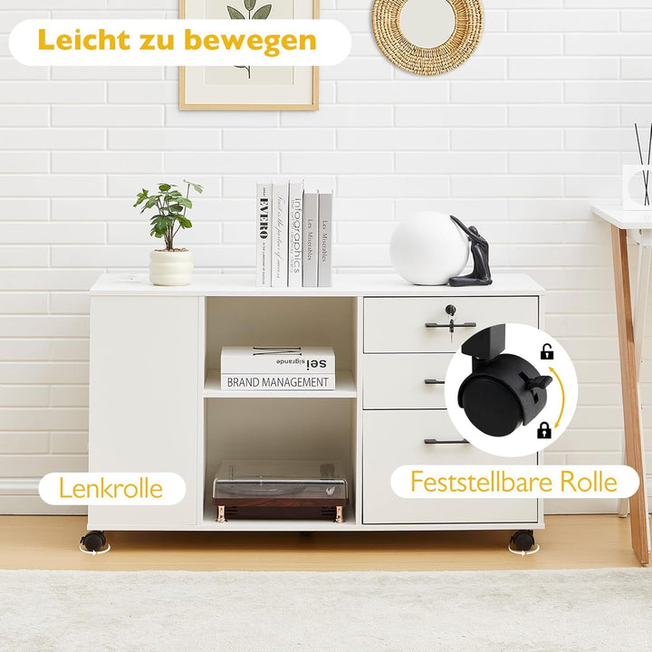 CLIPOP Rollcontainer,abschliessbar,mobiler Aktenschrank mit 5 Rollen,3 Schubladen,Schubladenschrank
