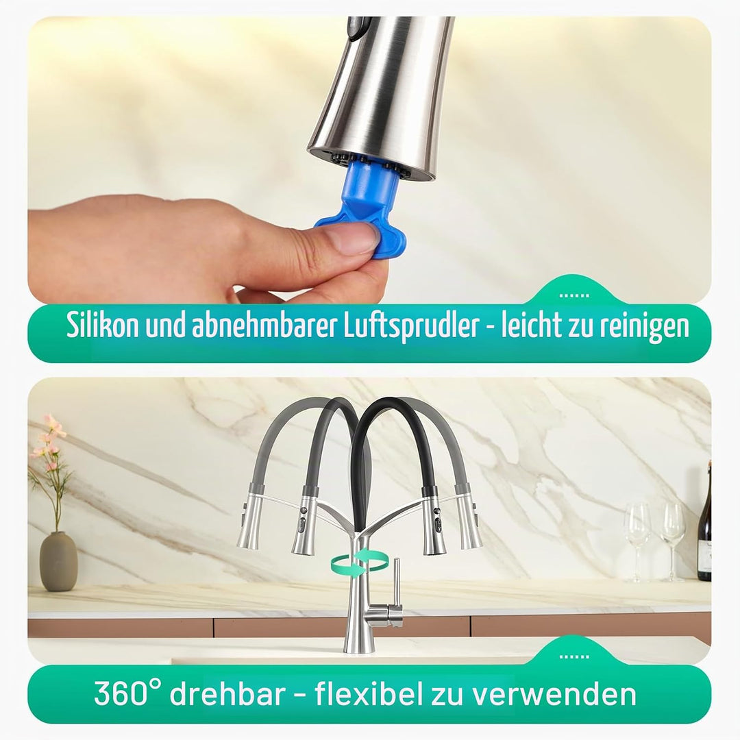 CREA Wasserhahn Küche mit 2 Funktionen Brause, Küchenarmatur mit Ausziehbarer Brause, 360° Drehbare